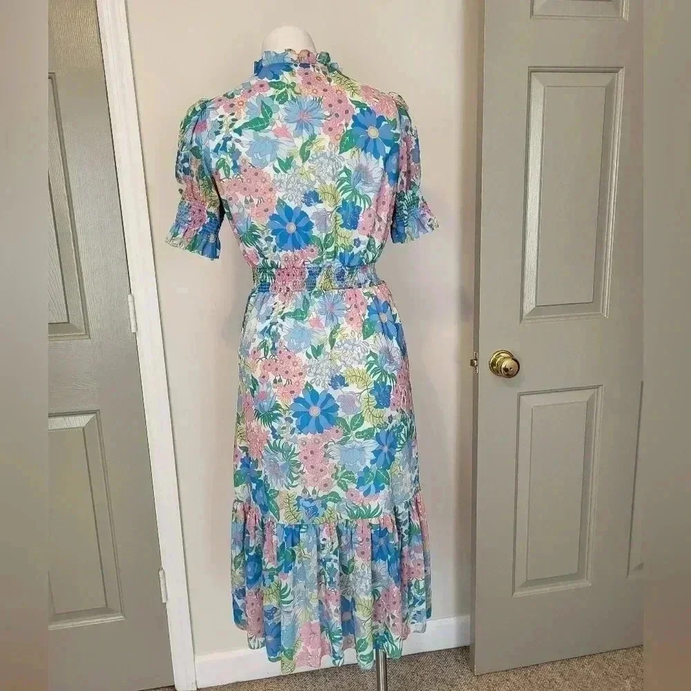 J.CREW Smocked Ruffle Fairy Floral Tiered Fully Lined Midi Dress(XS)